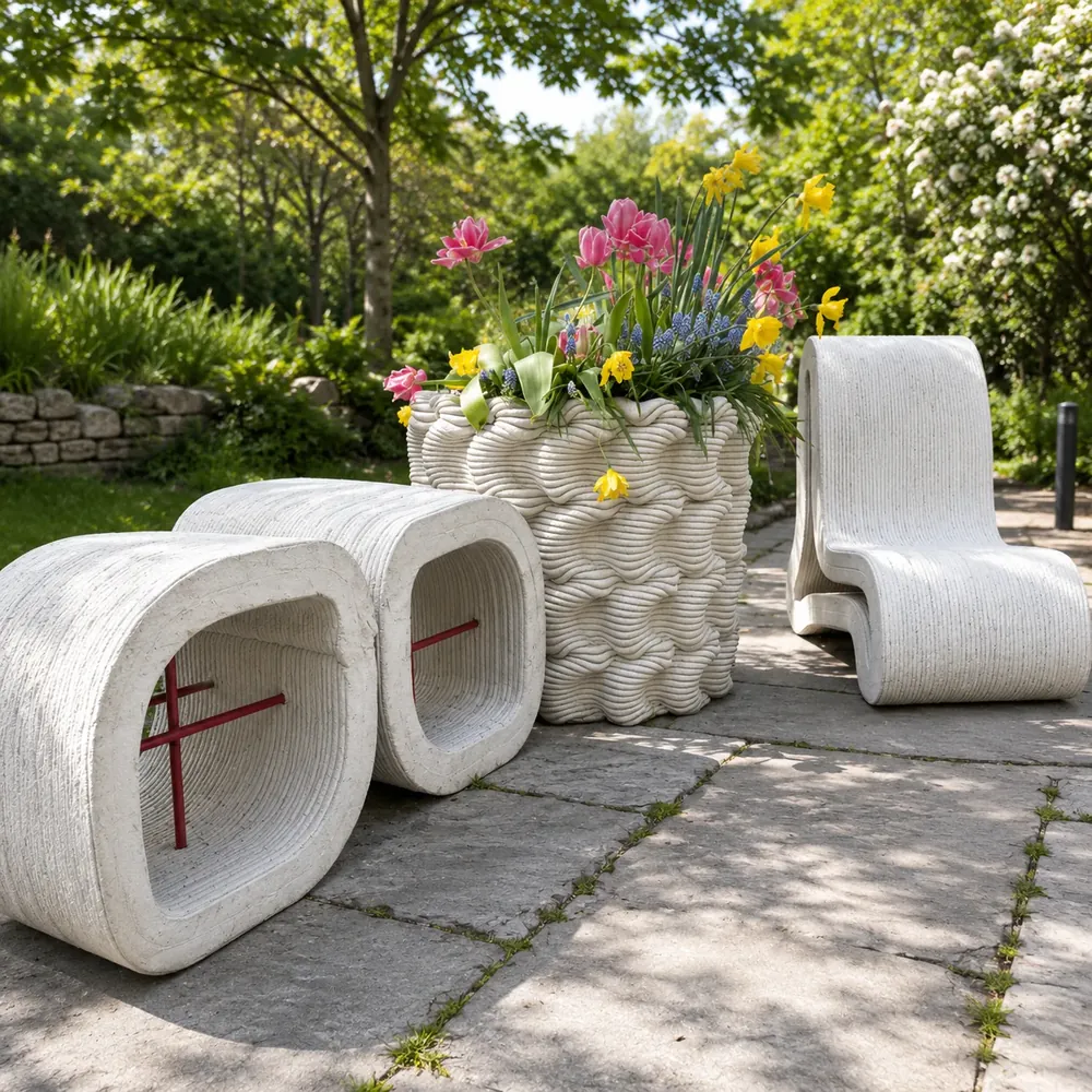 3D printed concrete planters and seating in a garden