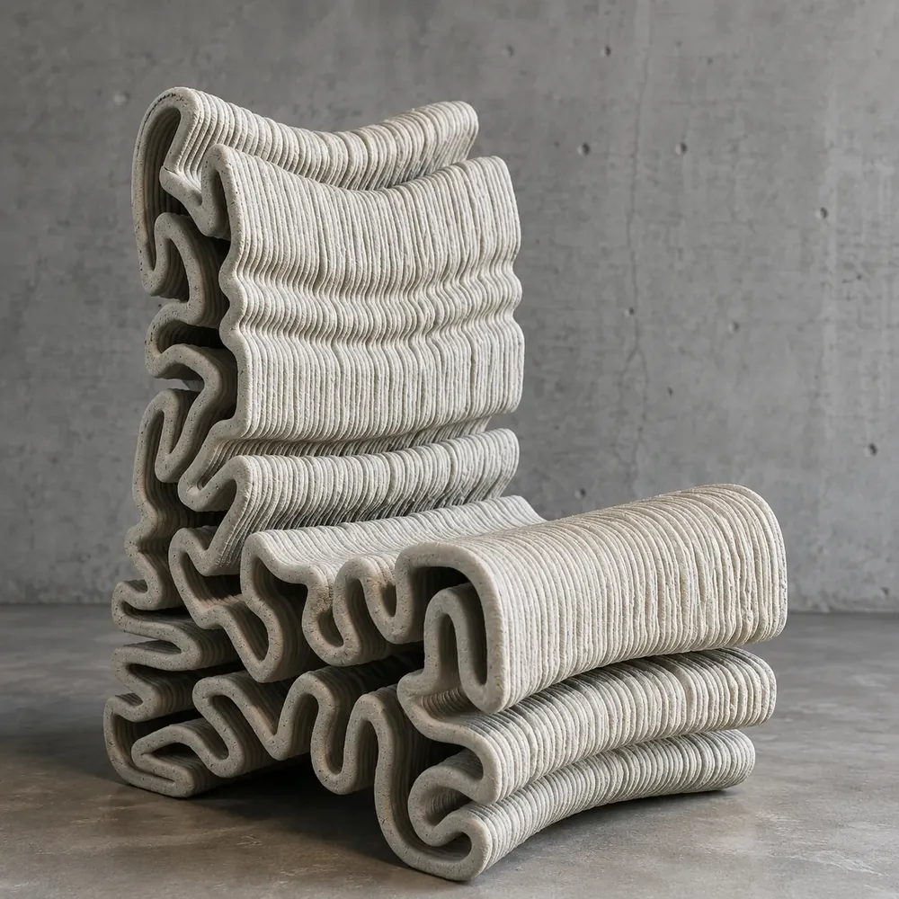 3D printed concrete lounge chair with undulating layered contours