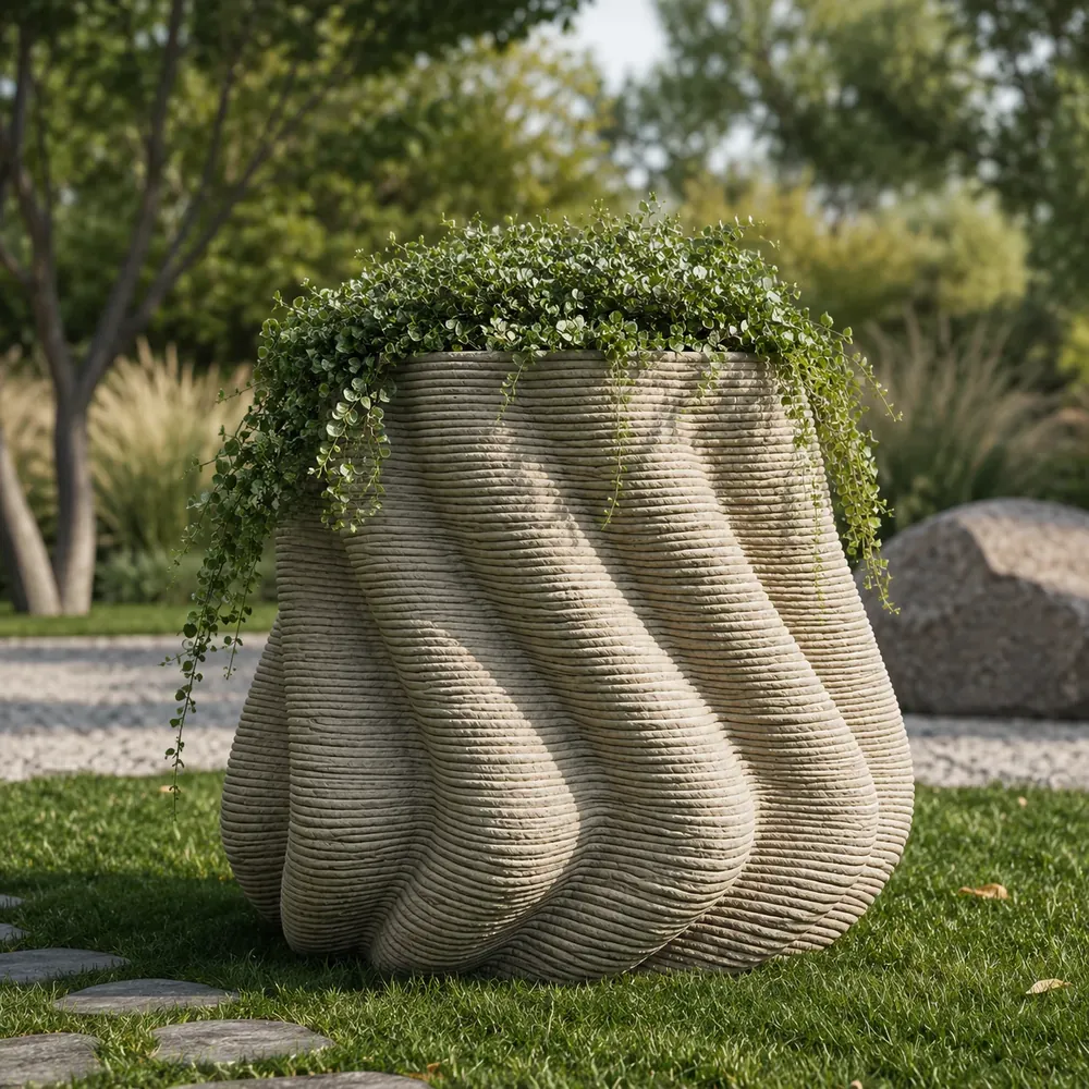 Fluted 3D printed concrete planter with trailing greenery in a public landscape
